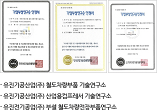 유진기공산업 철도차량부품기술연구소, 산업용컴프레서 기술연구소, 철도차량전장부품연구소의 인정서